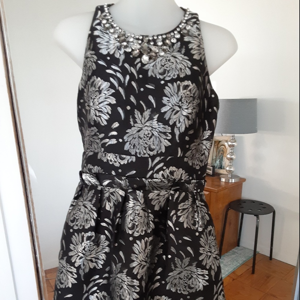 Eliza J Rhinestone fit flare dress satin knee 2